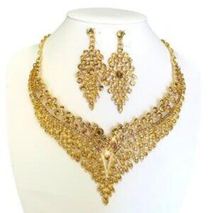 Gold Necklace Earring Set Champagne Gold Prom Necklace Gold Bridal Jewelry Set